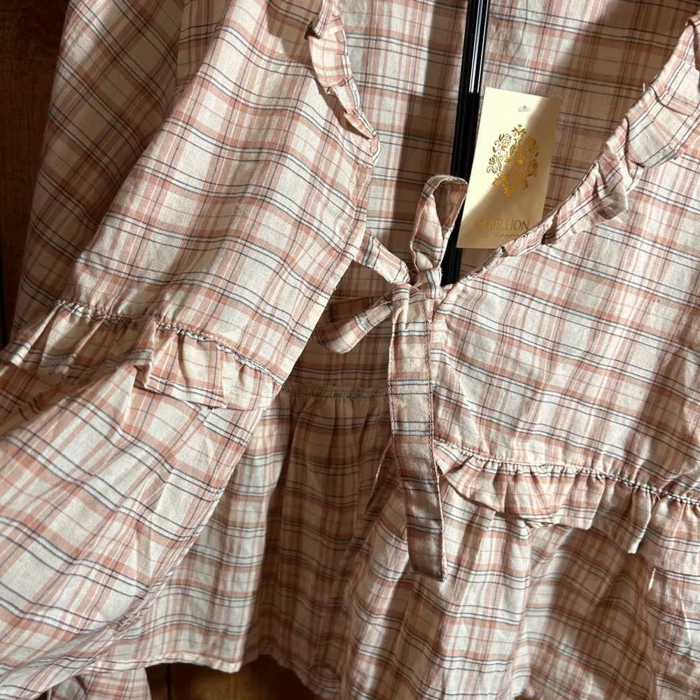 Rebellion Peach Plaid Ruffle Tie-Front Blouse - Picture 5 of 6